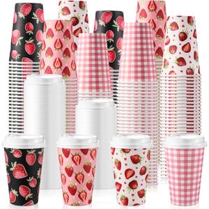 Jingmore 100 Pcs 12 Oz Strawberry Disposable Coffee Cups with Lids Red Strawberry Paper Drinking Cup for Hot Cold Beverage Drink Juices for Stand Supplies Summer Party Decoration Birthday