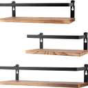 Floating Shelves Rustic Wood Wall Mounted Shelf Practical Metal Fence Design Ideal for Bedroom, Bathroom, Kitchen Set of 3(Carbonized Black)