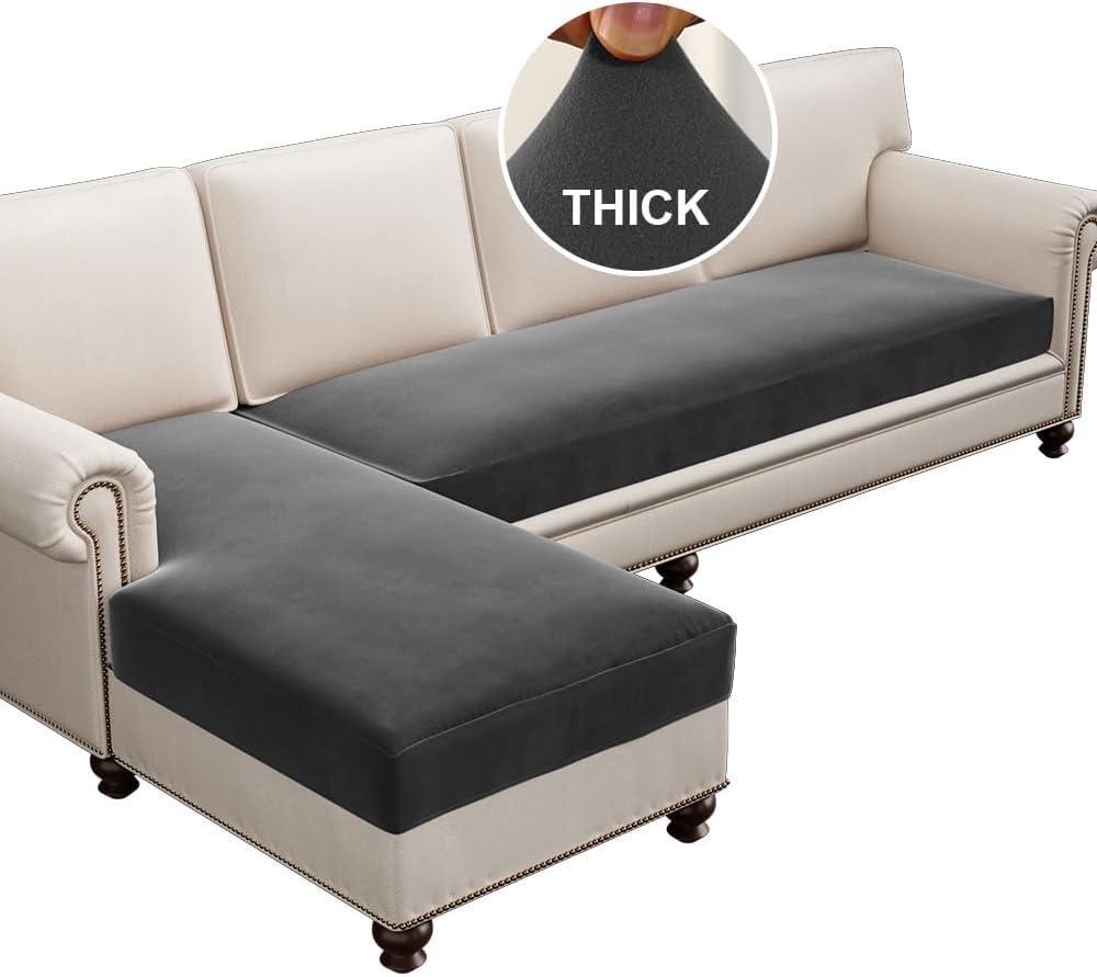H.VERSAILTEX Fleece L Shaped Couch Cover 2 Piece Stretch Couch Covers for Sectional Sofa Thick Soft Sofa Cover for Dogs Feature Comfortable and Durable Fabric, (3 Seater + 1 Chaise, Grey)