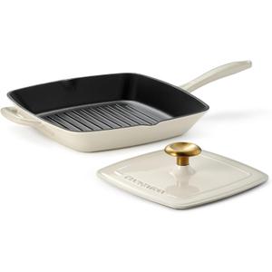 Tramontina Bestow Enameled Cast Iron Grill Pan with Press, 11-inch, Latte with Gold Knob