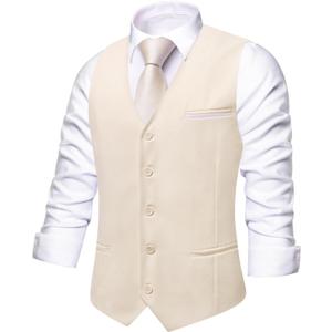 Hi-Tie Solid Suit Vest for Men Slim Fit V Neck Dress Waistcoat for Wedding 3 Real Pockets Formal Men Vest Jacquard, Beige, Medium
