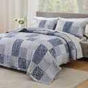 Navy Blue Gray Oversized King Bedspread Set 128x120 Extra Wide, 3 Piece Quilt Set Patchwork Plaid Bedding Set Quilted Bedspread Coverlet Set Reversible Lightweight Microfiber Bed Cover Comforter Set