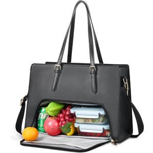 BERTASCHE Laptop Tote Bag with Insulated Lunch Compartment, 15.6 Inch PU Leather Work Bag Computer Briefcase for Women, Waterproof Laptop Shoulder Handbag for Business,Office,Work, Black
