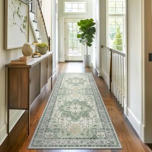 GENIMO 2x5 Runner Rugs for Hallway, Machine Washable Non Slip Vintage Rugs, Low Pile Lightweight Soft Print Rug for enrtyway, Corridor, Home Office, Kitchen, Green