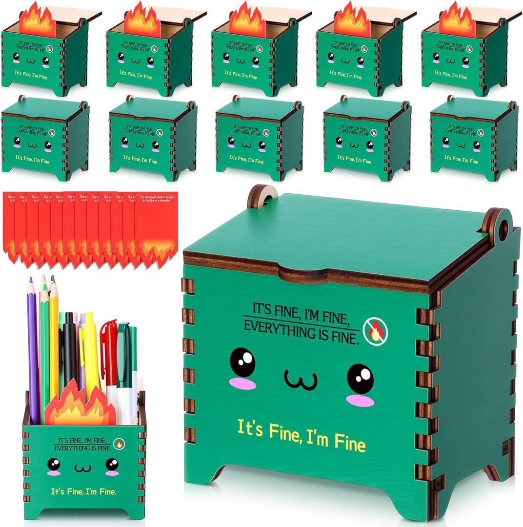 12 Pcs Wooden Dumpster Fire Pencil Holders with Motivational Flame Shaped Cards, Funny DIY Desk Organizer Bulk Office Emotional Christmas Gifts for Coworkers Teachers Nurses (Green)