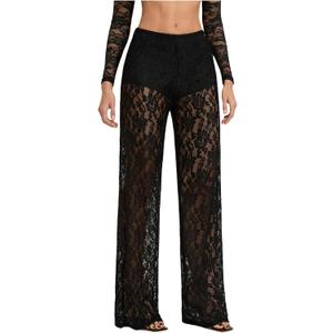Women's Y2K Floral Lace See Through Pants Sheer Straight Leg Long Pants Club Wear (Black)
