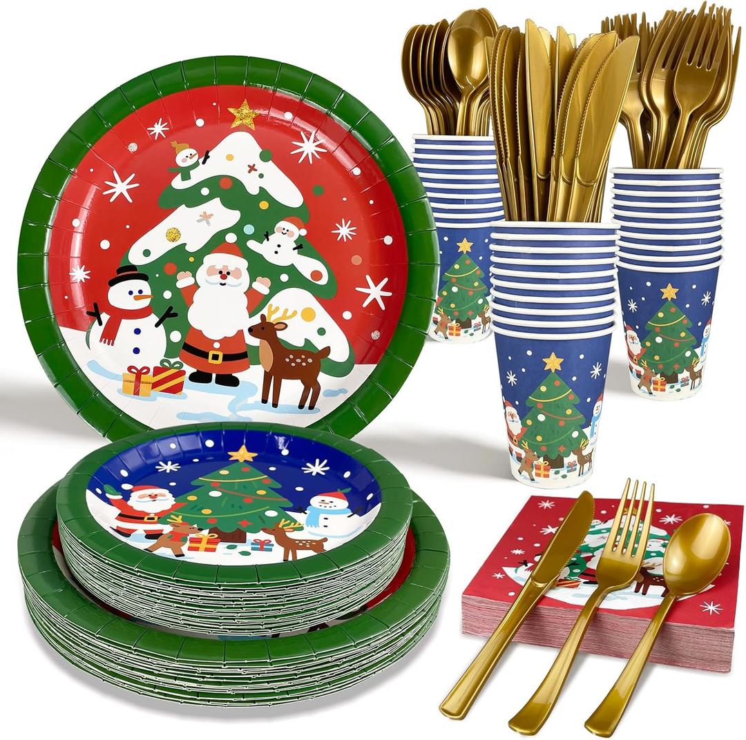 Christmas Paper Plates Disposable w/Napkins Cups & Cutlery, 50 Serves Santa Dinner Plates Sets, Heavy Duty Christmas Plates Disposable Supplies for Family, Winter Holiday Party Decrorations 175 pcs