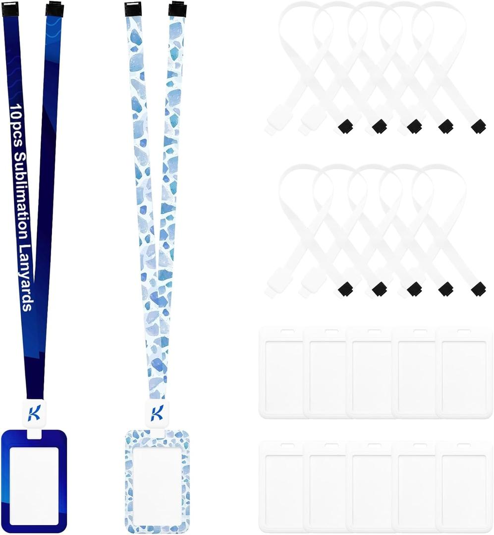 10 Pack Sublimation Blank Lanyards with Sliding Vertical ID Badge Holders Adjustable Retractable Neck Straps with Detachable Buckles & Plastic Card Case for DIY Heat Transfer Projects