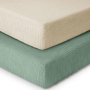 Yoofoss Muslin Crib Sheets for Boys Girls 100% Cotton Fitted Baby Crib Sheet 2 Pack Soft and Breathable for Standard Crib Mattress & Toddler Mattress 52"x28" Apricot&Green