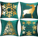 ONWAY Green Christmas Decorations Gold Throw Pillow Covers 20x20 Set of 4 Snowflakes Reindeer Decorative Cushion Cases Xmas Golden Decor for Couch Sofa Bedroom