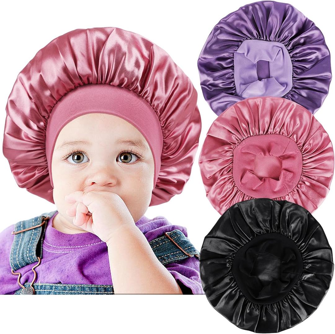 3 PCS Satin Baby Bonnets for Curly Hair,Baby Silk Bonnet for Sleeping for Girls Boys (A-rose Gold,black,light Purple)