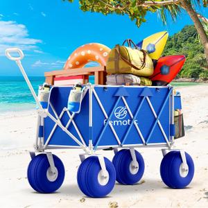 Beach Wagon with Big Wheels for Sand, 10.5" TPU All-Terrain Inflatable Wheels, Heavy Duty Folding Wagon, 150L Large Capacity, Collapsible Cart for Beach, Camping, Garden & Outdoor Sports (Blue)
