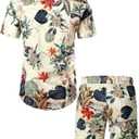JOGAL Men's Flower Casual Button Down Short Sleeve Hawaiian Shirt Suits (S)