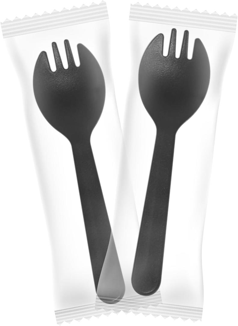 Mini Plastic Sporks Disposable Individually Wrapped, Black Forks and Spoons 2 in 1 Party Supply 4.3" 100 PCS