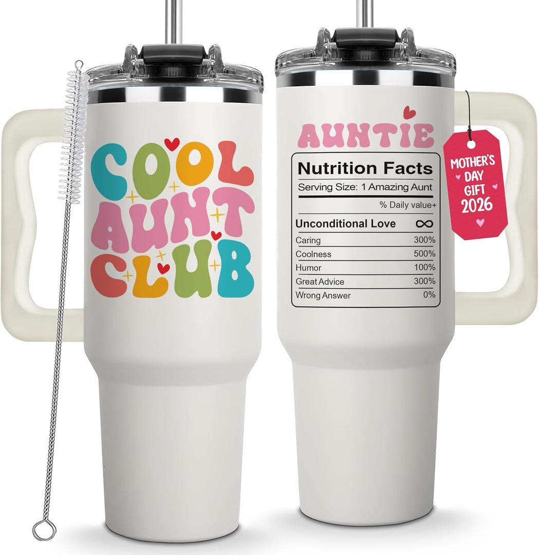 Mothers Day Gifts for Aunt - Cool Aunt Club Coffee Tumbler 40Oz, Best Auntie Gifts from Niece Nephew for Birthday, Presents for First Time & Best Auntie Ever, New Aunty Cup with Handle Straw
