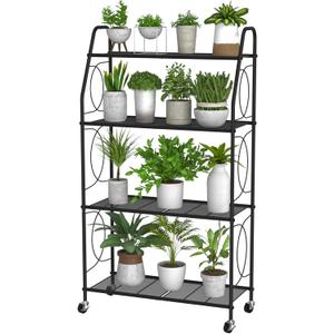 4 Tier Plant Stand with Wheels, Plant Shelf for Indoor Outdoor, Heavy Duty Metal Tall Plant Stands Holder Rack for Living Room Balcony and Garden, Black
