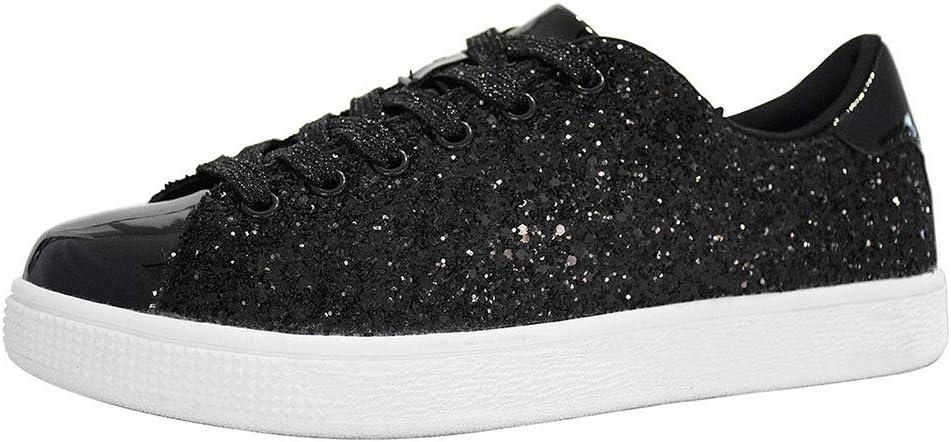 LUCKY STEP Glitter Shoes Sparkly Bling Shiny Bedazzled Lace up Fashion Sneakers for Women (10, Black)