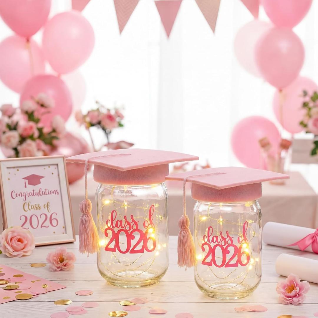 Sieral 2 Pcs Pink 2026 Graduation Centerpieces for Tables, Class of 2026 Table Decorations, LED Mason Jars for Centerpieces with Graduation Caps for College High School Congrats Grad Party Supplies