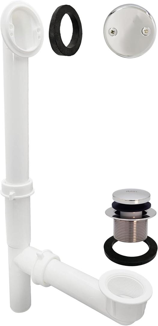 Westbrass A593244CP 14" x 1-1/2" White Tubular Bathtub Waste & Overflow Assembly with Tip-Toe Drain Plug and 2-Hole Faceplate, Polished Chrome