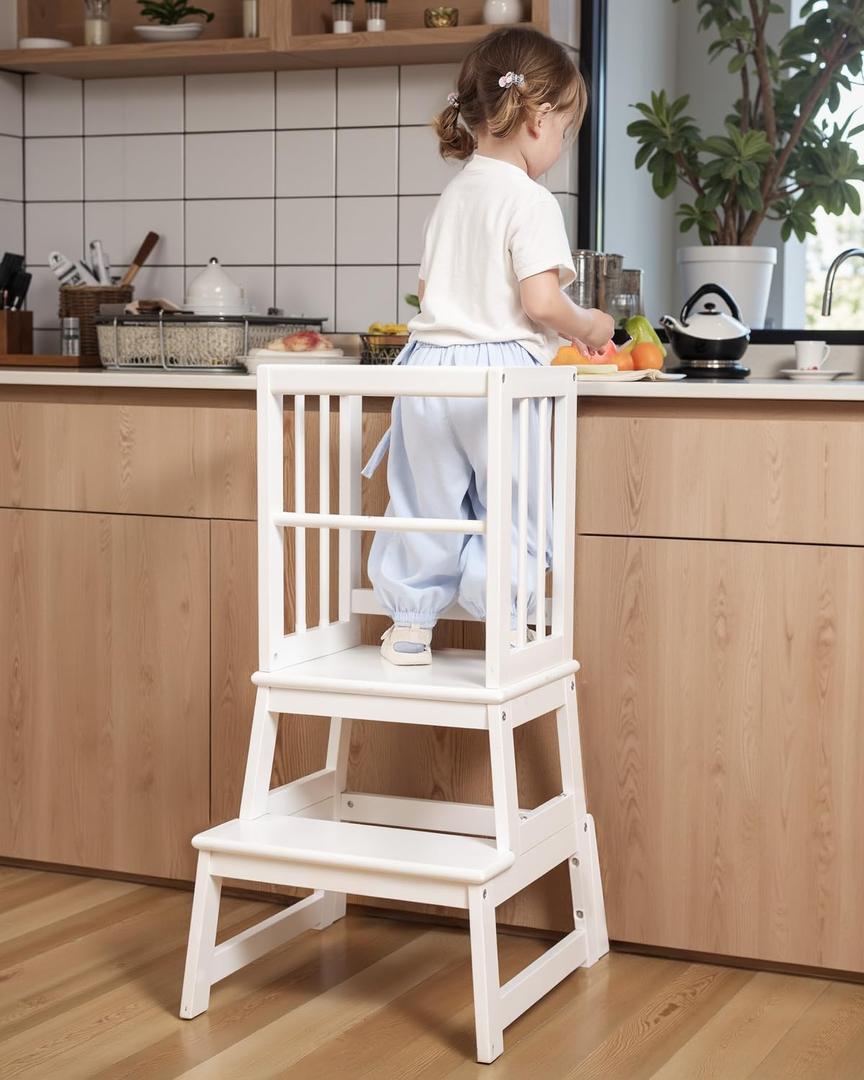 Kids Kitchen Step Stool, Ideal Toddler Learning Standing Tower, 2025 New Upgrade with an Anti-tip Structure and Anti-Drop Safety Bar, More Stable and Safer - White