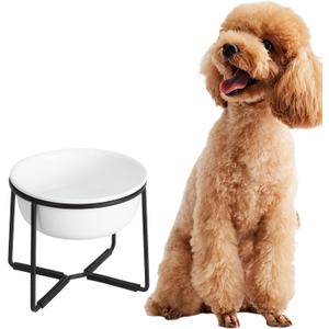Ceramic Elevated Dog Food Bowl - Raised Feeding Bowl with Metal Stand - Pet Dish for Small and Medium Dogs - 2 Cups - 27 fl oz - Matte White