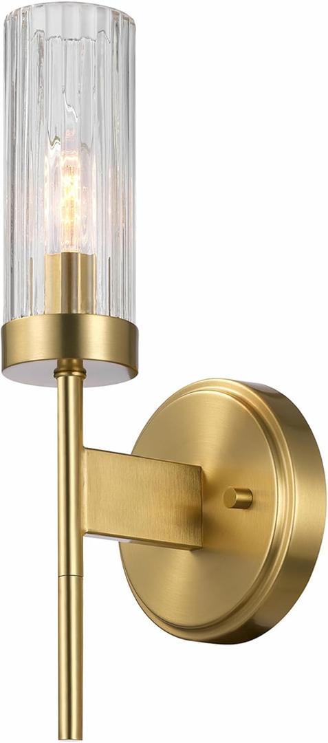 GLOBE Electric 1-Light Wall Sconce, Matte Brass, Ribbed Clear Glass Shade, E12 Candelabra, Dimmable, 65000103