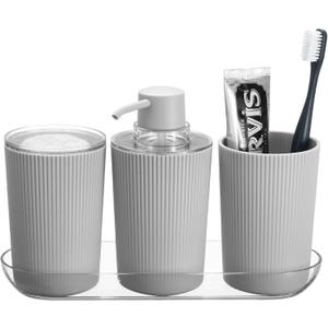 2 x iDesign Fluted 4-Piece Bathroom Accessories Set for Vanity Countertop - Gray/Clear