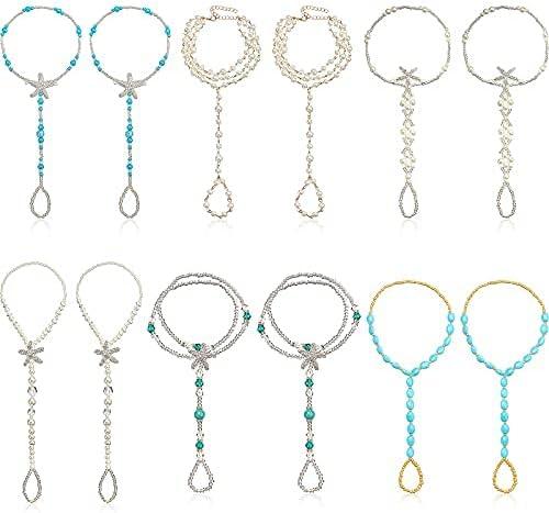 Hicarer 12 Pieces Feet Jewelry Barefoot Sandals Toe Rings Foot Chains Starfish Faux Pearls Elastic Beaded Turquoise Anklet Chains Jewelry with Rhinestone Ring for Women Wedding Beach Wearing