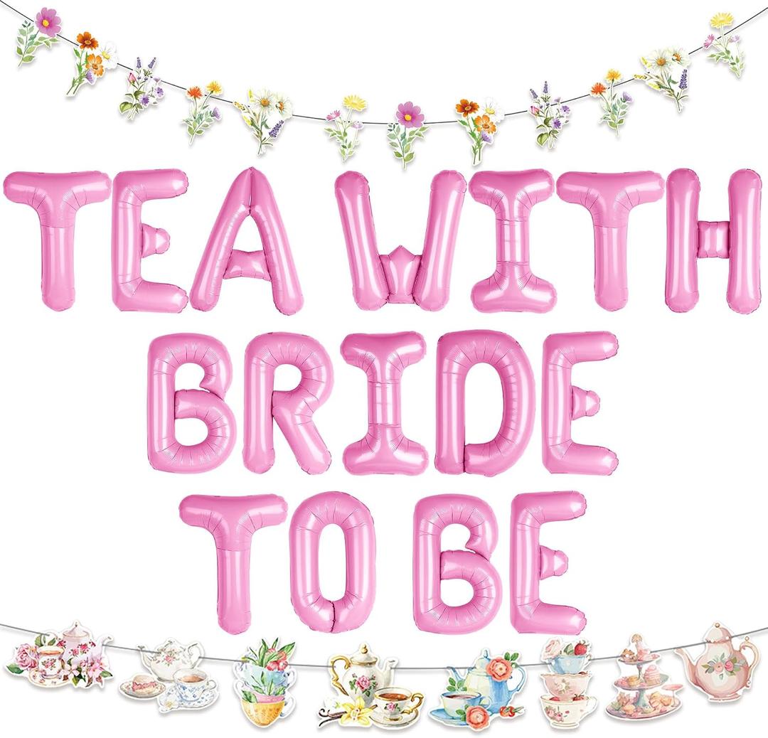 LaVenty Tea With Bride To Be Balloons Let's Par Tea Decorations Balloon Garland Arch Banner Floral Butterfly Teapot Banner for Bridal Shower Bachelorette Wedding Party