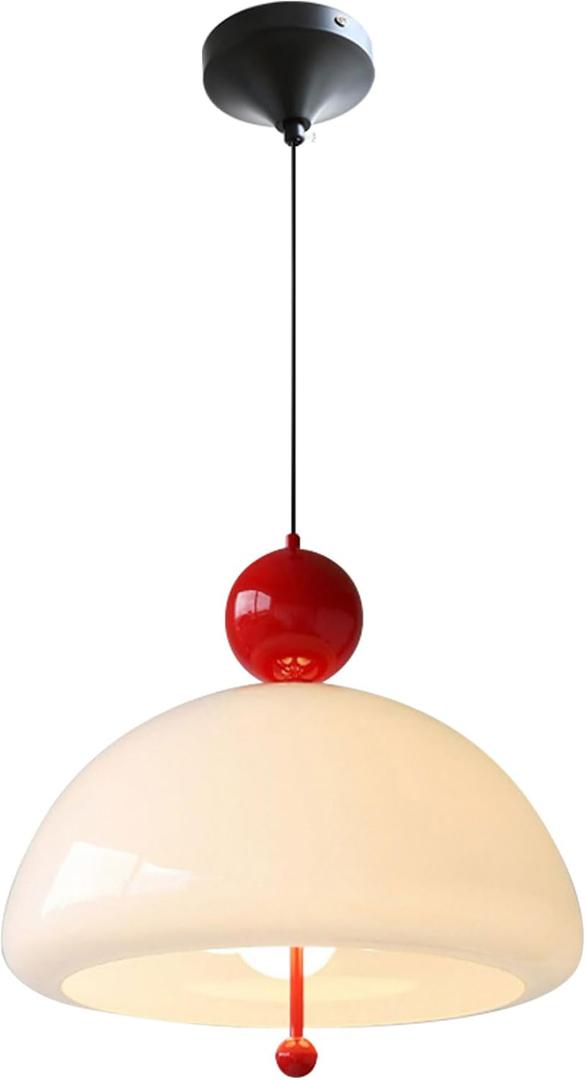 Mid Century Pendant Lamps 3-Light Milk Glass Pendant Lights Kitchen Island Chandelier with Red Ball Decorations Large Globe Ceiling Hanging Lights for Dining Room Bedroom