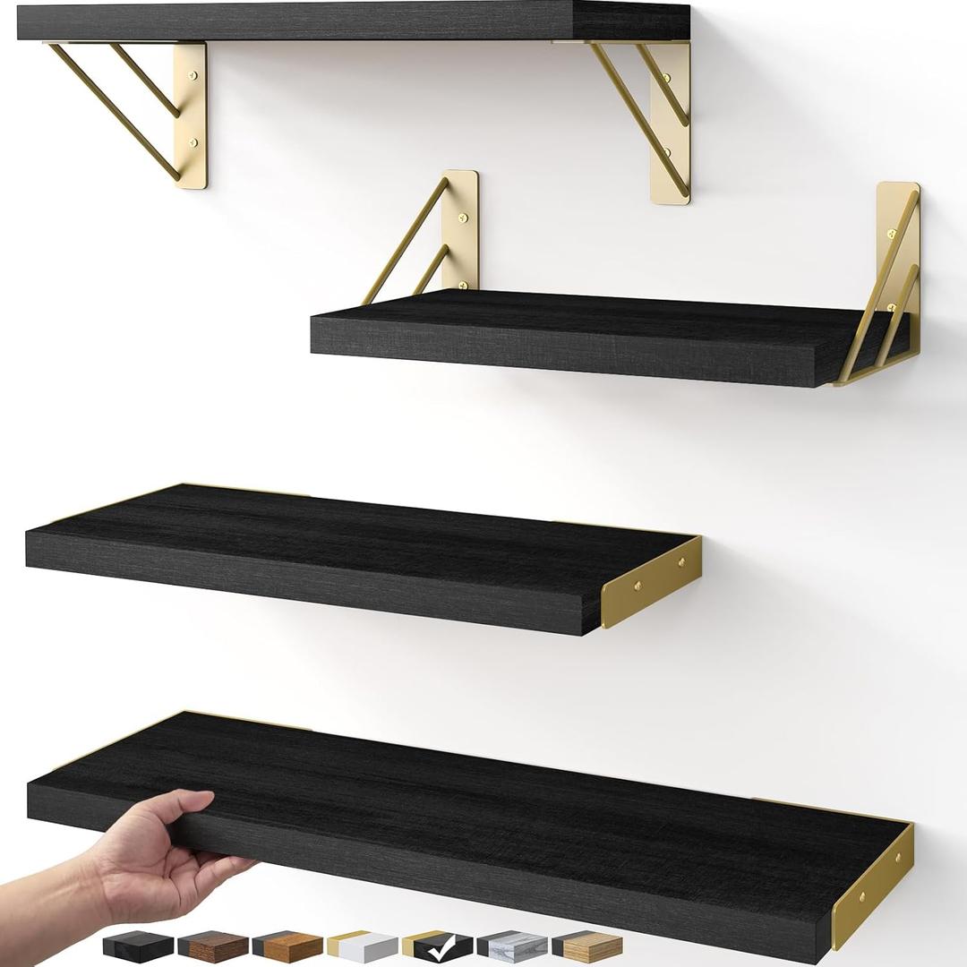 BAYKA Floating Shelves for Bedroom Decor, Wall Shelves for Storage, Wall Mounted Rustic Wood Floating Shelf for Books,Corner Shelf for Bathroom,Kitchen,Living Room(Black and GoldSet of 4)