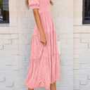 PRETTYGARDEN Women's 2026 Summer Casual Midi Dresses Square Neck Short Sleeve Smocked A Line Floral Flowy Elegant Boho Dress (Pink, S)