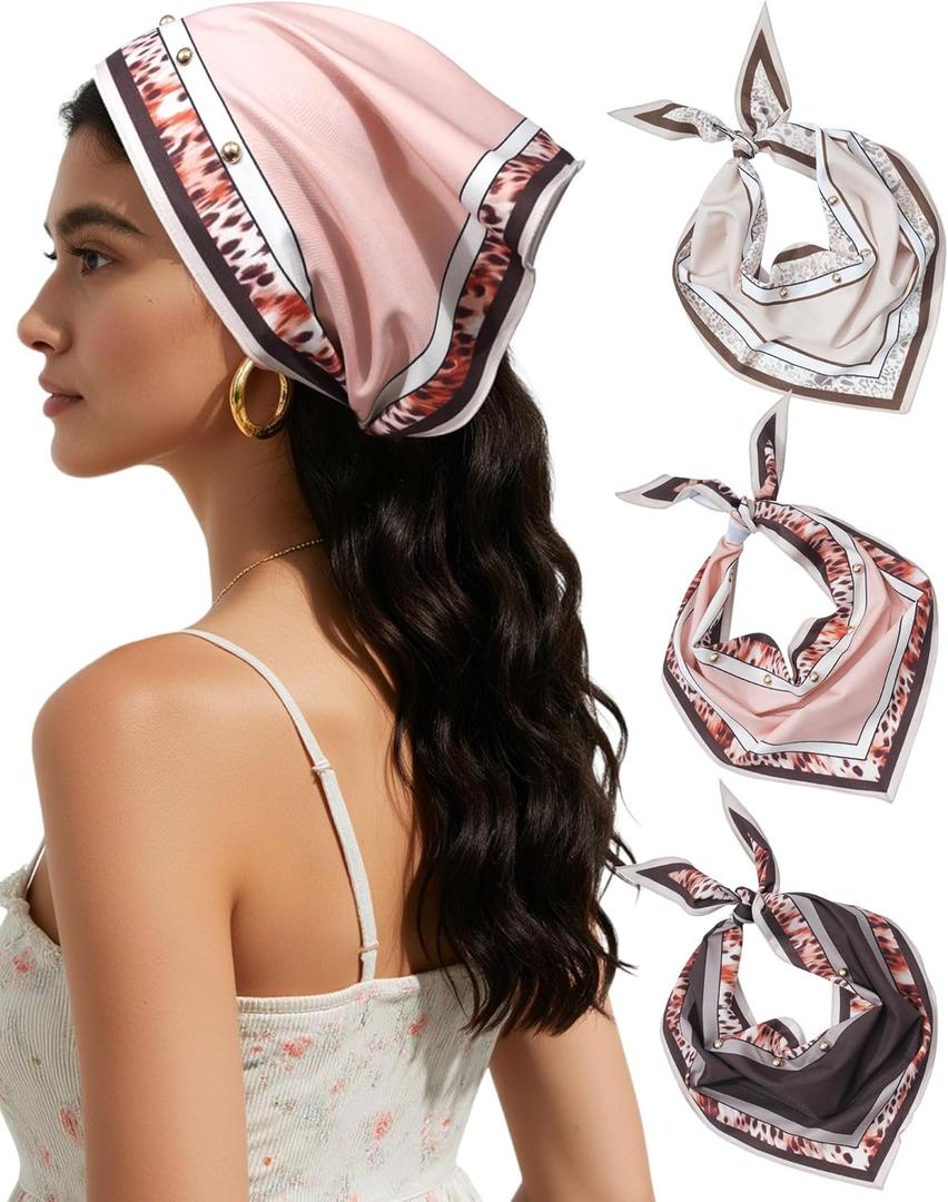 AWAYTR Women Triangle Head Scarf 3Pcs Tie Back Hair Bandanas for Women with Metal Studs - Head Coverings Cute Headscarf (Solid Colors - Khaki + Brown)