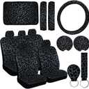 15 Pcs Black Leopard Print Printing Car Steering Wheel Cover Center Console Armrest Pad Headrest Seat Belt Cover Handbrake Cover Keychain Coaster Full Set Car SUV