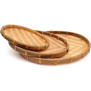 Set 3 Of Vietnam Traditional Handmade Round Rattan Wicker Serving Basket Trays Food Kitchen Bamboo Fruit Basket Serving Tray with Handles Home Decor Trays