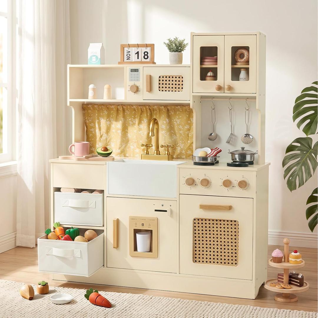 labebe Wooden Play Kitchen for Kids, Toy Kitchen Set with Ice Maker, Stove, Sink, 15 Accessories, Extra Storage with 2 Bins, Pretend Play for Boys & Girls Ages 3+