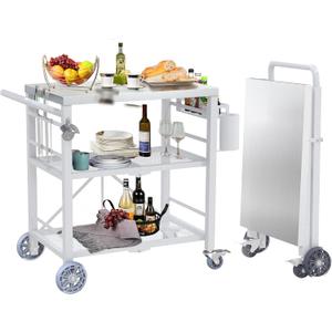 Folding Grill Table with Storage Rack, Stainless Steel Outdoor BBQ Cart, 3 Shelf Portable Grill Cart, Outdoor Kitchen Island and Pizza Oven Table for Blackstone Griddle