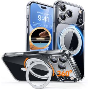 CANSHN 360 Spin Magnetic Stand for iPhone 17 Pro Max Case Clear with Camera Control [Full Camera Protection] [Compatible with Magsafe] Non-Yellowing Shockproof Protective Phone Cover 6.9" - Clear