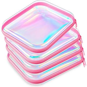Hoolerry 4 Pcs Hard Clear Zipper Case Makeup Bags Plastic Zipper Pouch Transparent Storage Box Containers for Cosmetics, Snacks, Building Blocks, Puzzles(Clear,9.8 x 7.9 x 2 in,Fluorescent)