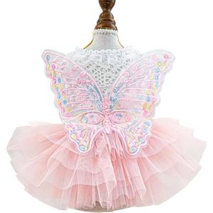 ANIAC Butterfly Dog Dress with Pink Tutu Funny Dog Clothes with Wing Girl Puppy Dress for Small Dogs Pet Butterfly Costume Holiday Cat Outfit for Halloween Birthday Wedding (Pink, Small)