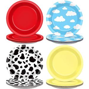 48Pcs Cartoon Story Birthday Party Paper Plates for Toy Inspire Game Story Party Supplies 7" Cow Print Sky Blue Cloud Birthday Party Disposable Plates for Kids Birthday Baby Shower Party Decorations