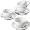 LE TAUCI 8 oz Cappuccino Cups with Saucers,Ceramic Large Coffee Cup for Au Lait, Double shot, Latte, Cafe Mocha, Tea - Set of 4, White