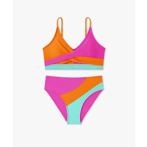 Girls Swimsuit V Neck Bikini Set Bathing Suits Color Block Two Piece Swimsuits, Size 13-14 Years