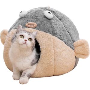 Cat Beds for Indoor Cats - Cat Bed Cave with Removable Washable Cushioned Pillow, Soft Plush Premium Cotton No Deformation Pet Bed, Lively Pufferfish cat House Design, Grey, Multiple Sizes