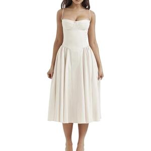 SHINFY Womens Summer Corset Midi Dress Spaghetti Strap Bustier A-Line Flowy Sundress Formal Cocktail Vacation Dress White, XL