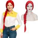 Long Red Wig with Braids for Women Cowgirl Cosplay Costume Braided Wig Straight Middle Part No Bangs Heat Resistant Hot Red Wig Halloween Party with Cap