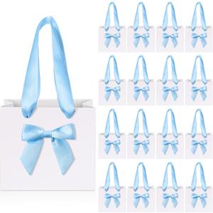 Kolldenn 50 Pcs No DIY Small Gift Bags with Blue Bow Ribbon 4''x2.7''x4.5'' Mini White Paper Thank You Bags Bulk with Handle for Baby Shower Wedding Party Favor Birthday Return Guests
