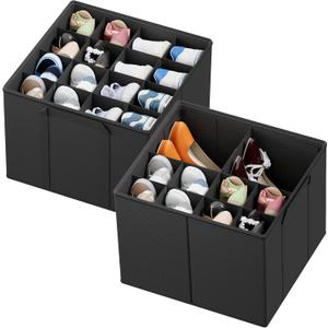 SpaceAid Shoe Organizer for Closet, 2 Pack Foldable Shoe Storage Containers Baskets Boxes Bins w/Adjustable Dividers, Fits 16-32 Pairs, Black