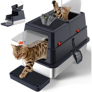Stainless Steel Litter Box with Lid, Enclosed Metal Litter Box, Extra Large Kitty Litter Pan Covered with Scoop & Pedal, Odor Control, Odor Free, Front & Flip-Top Entry, Black