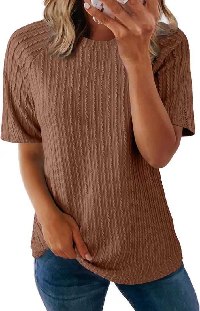 Dokotoo T-Shirts Cable Knit Short Sleeve Texture T-Shirt for Women Tee Tops | T Shirts for Women Summer Tops for Women Short Sleeve Tops Casual Tops for Women Cable Knit Textured Knit Top Basic Tee Shirt (Brown, XL)